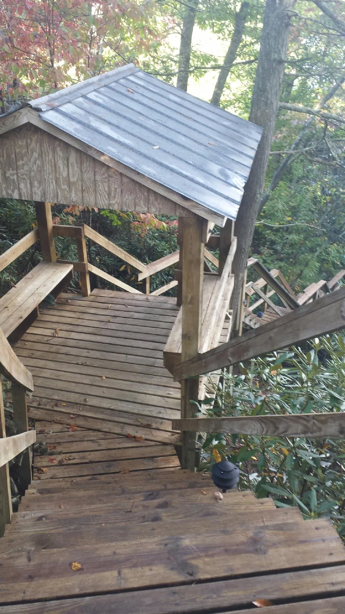 Metal roofed shelter over wooden steps on a wooded walkway — Skylight Repair & Installation work by our crew in Anatone