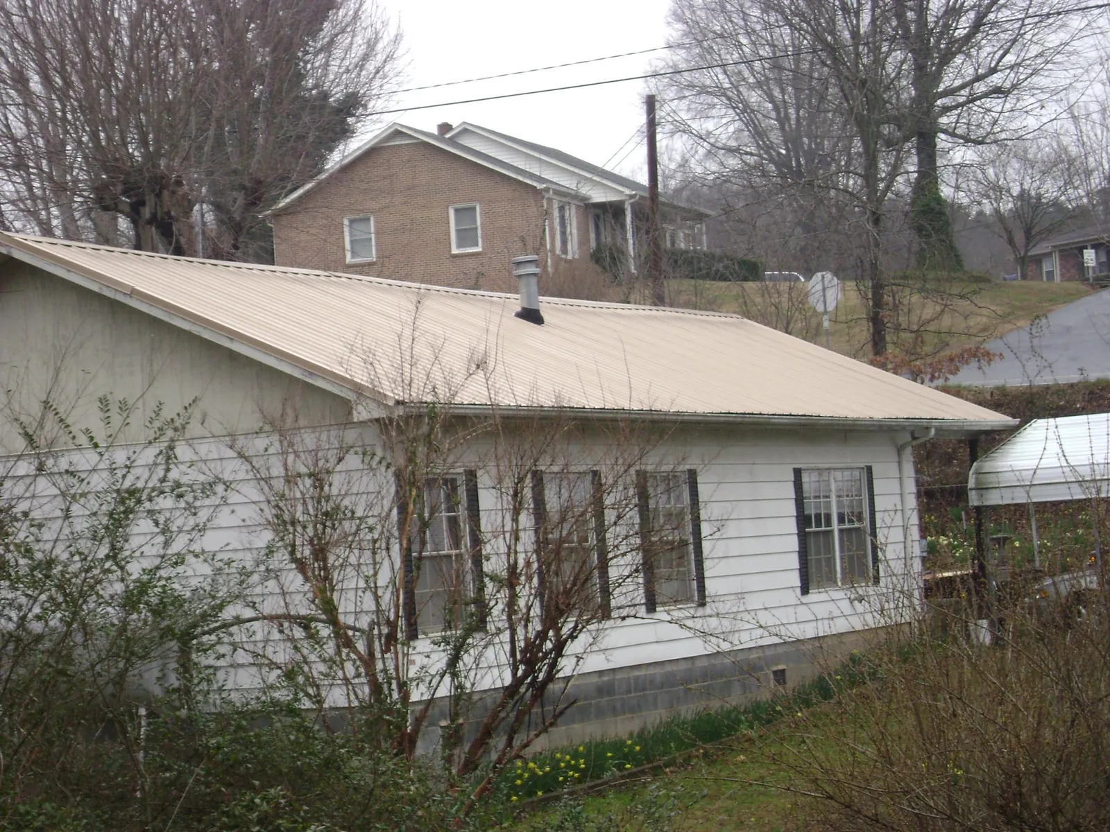 Tan metal roof on a white sided house set into a hillside — Commercial Roofing by Roofing Brothers in Anatone